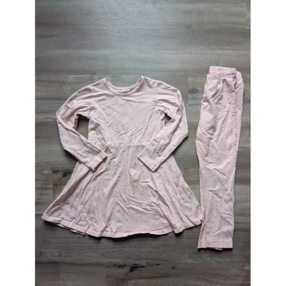 Hanna Andersson Pink Gold Polka Dot Dress and Leggings, 6-7Y (U1)